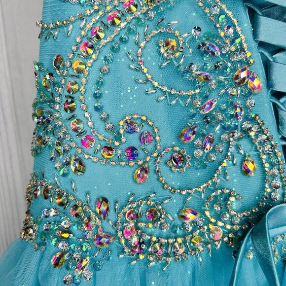 Tiffany Designs Corset Lace Up Back Beaded Ballgown Pageant Dress Sz 14 Aqua - Picture 15 of 16